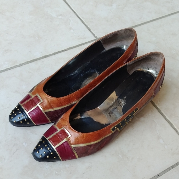 Jerrold Shoes - Vintage Jerrold Leather Patchwork Studded Pumps Womens Multicolor Low Block Heel